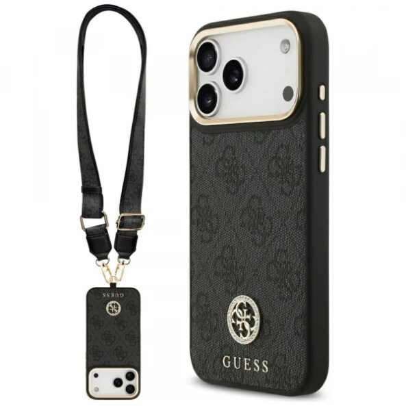 Husa MagSafe pentru Apple iPhone 17 Pro Max, Guess, 4G Strass Logo with Big Strap, Neagra