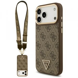 Husa MagSafe pentru Apple iPhone 17 Pro Max, Guess, 4G Triangle Logo with Big Strap, Maro