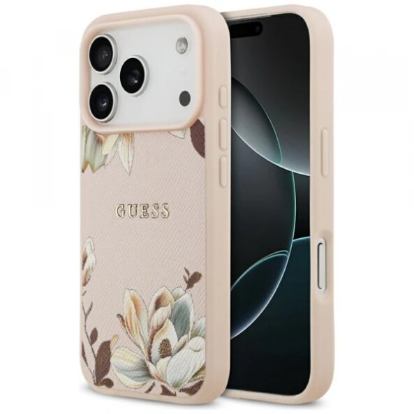 Husa MagSafe pentru Apple iPhone 17 Pro Max, Guess, Grained Flowers, Roz