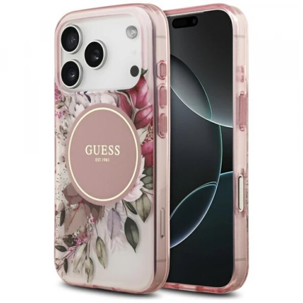 Husa MagSafe pentru Apple iPhone 17 Pro Max, Guess, IML Flower &amp; Tonal Circle, Roz