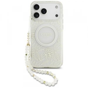 Husa MagSafe pentru Apple iPhone 17 Pro Max, Guess, IML Flowers Allover Electroplated with Pearl Strap, Alba