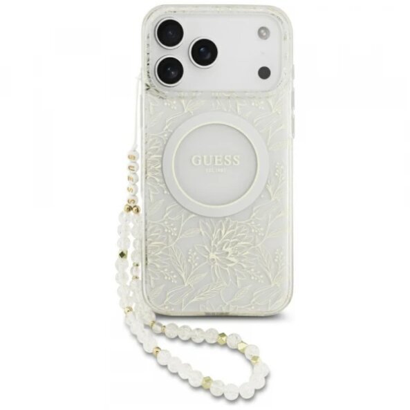 Husa MagSafe pentru Apple iPhone 17 Pro Max, Guess, IML Flowers Allover Electroplated with Pearl Strap, Alba