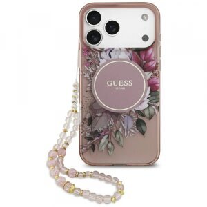 Husa MagSafe pentru Apple iPhone 17 Pro Max, Guess, IML Flowers with Pearl Strap, Roz