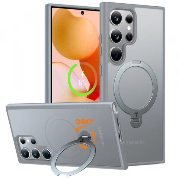 Husa MagSafe pentru Samsung Galaxy S24 Ultra S928, Torras, Ostand Spin, Gri