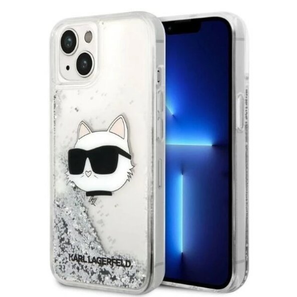 Husa pentru Apple iPhone 14 Plus, Karl Lagerfeld, Glitter Choupette's Head, Argintie