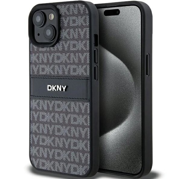 Husa pentru Apple iPhone 15 / 14 / 13, DKNY, Mono Stripe &amp; Metal Logo, Neagra