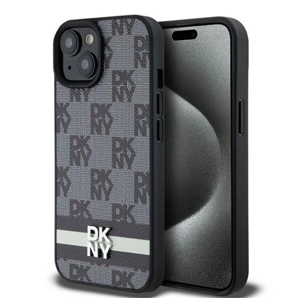 Husa pentru Apple iPhone 15, DKNY, Checkered Mono Pattern &amp; Printed Stripes, Neagra