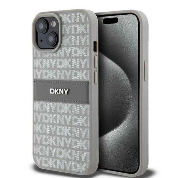 Husa pentru Apple iPhone 15, DKNY, Mono Stripe &amp; Metal Logo, Bej