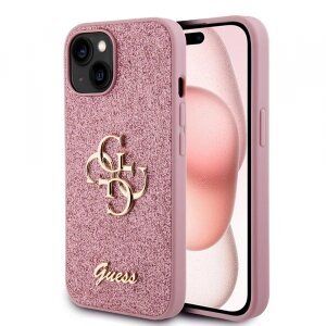 Husa pentru Apple iPhone 15, Guess, Glitter Big 4G Script, Roz