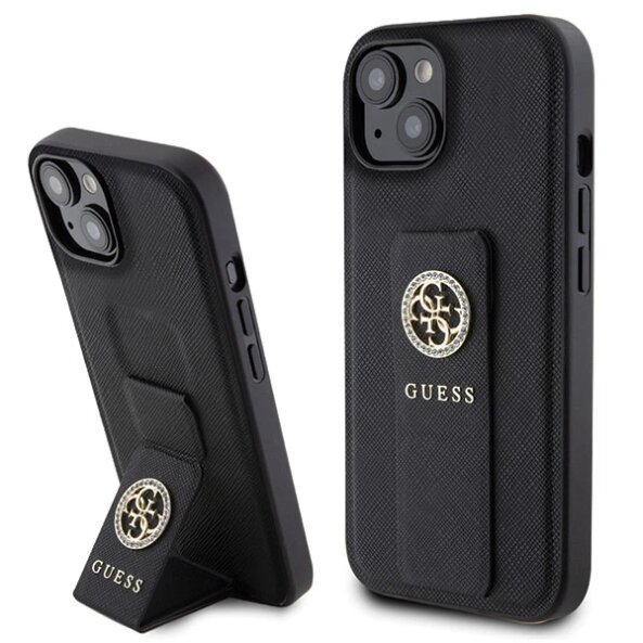 Husa pentru Apple iPhone 15, Guess, Grip Stand 4G Saffiano Strass, Neagra