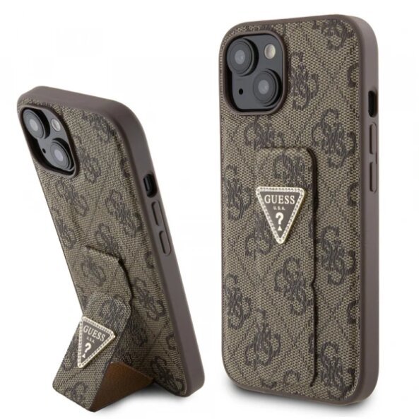 Husa pentru Apple iPhone 15, Guess, Grip Stand 4G Triangle Strass, Maro