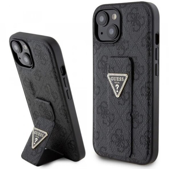Husa pentru Apple iPhone 15, Guess, Grip Stand 4G Triangle Strass, Neagra