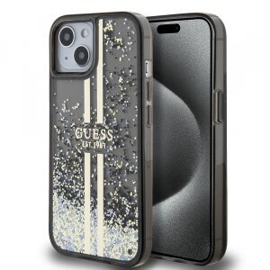 Husa pentru Apple iPhone 15, Guess, Liquid Glitter Gold Stripes, Neagra