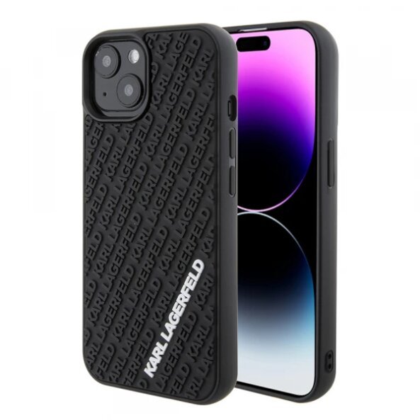 Husa pentru Apple iPhone 15, Karl Lagerfeld, 3D Rubber Multi Logo, Neagra