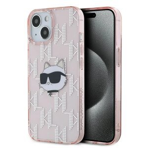 Husa pentru Apple iPhone 15, Karl Lagerfeld, IML Luxury Monogram Choupette's Head, Roz