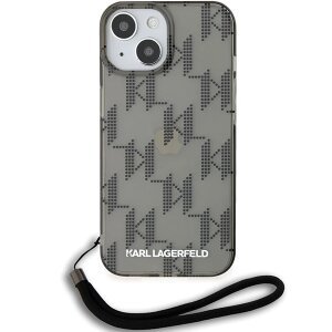 Husa pentru Apple iPhone 15, Karl Lagerfeld, IML Luxury Monogram KL Pattern with Strap, Neagra