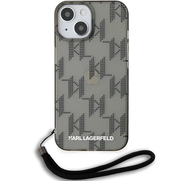 Husa pentru Apple iPhone 15, Karl Lagerfeld, IML Luxury Monogram KL Pattern with Strap, Neagra