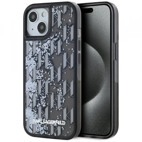 Husa pentru Apple iPhone 15, Karl Lagerfeld, Liquid Glitter Monogram, Neagra