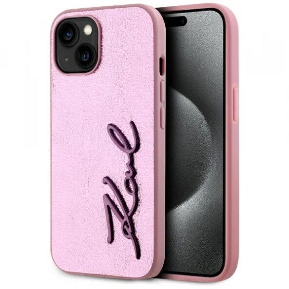 Husa pentru Apple iPhone 15, Karl Lagerfeld, Metal Signature, Roz