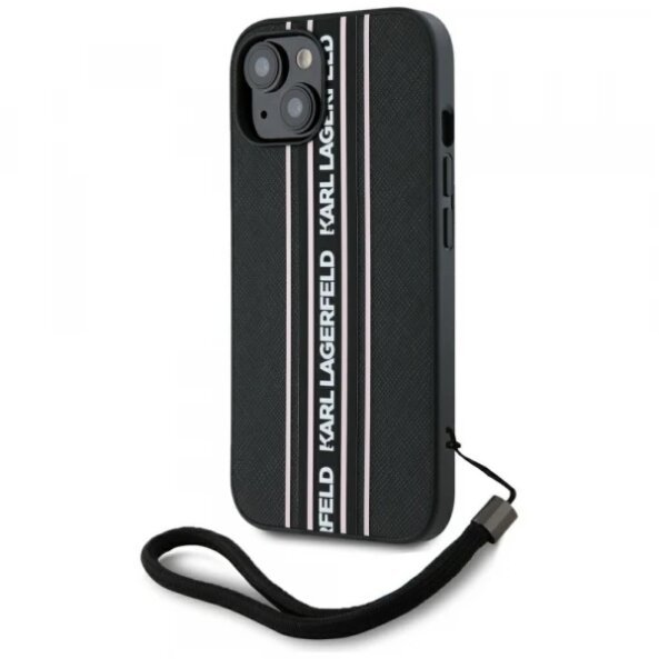 Husa pentru Apple iPhone 15, Karl Lagerfeld, Saffiano Athleisure Stripes with Strap, Roz