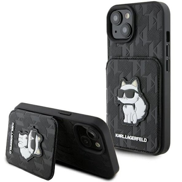 Husa pentru Apple iPhone 15, Karl Lagerfeld, Saffiano Cardslots and Stand Monogram Choupette, Neagra