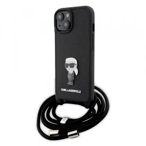 Husa pentru Apple iPhone 15, Karl Lagerfeld, Saffiano Crossbody Monogram Metal Pin Karl, Neagra