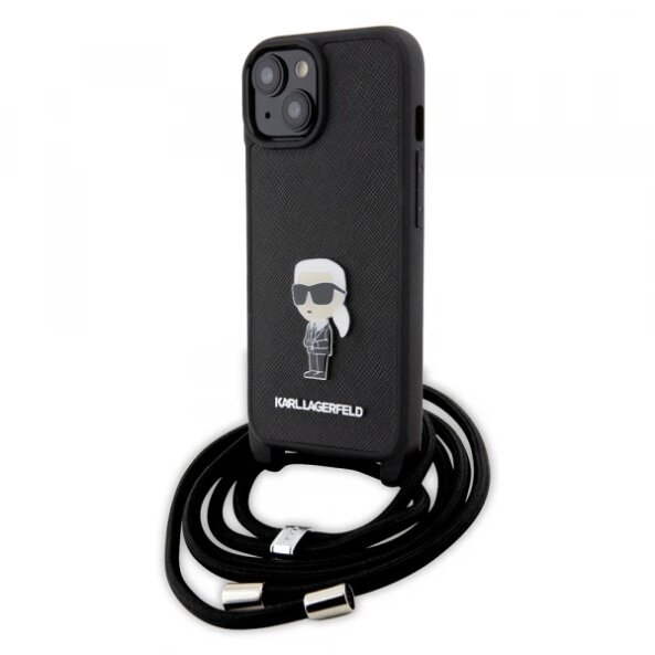 Husa pentru Apple iPhone 15, Karl Lagerfeld, Saffiano Crossbody Monogram Metal Pin Karl, Neagra