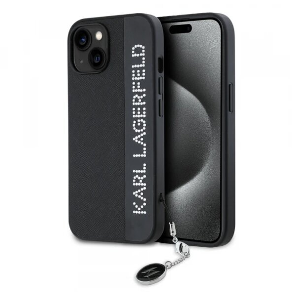 Husa pentru Apple iPhone 15, Karl Lagerfeld, Saffiano Rhinestones &amp; Charm, Neagra