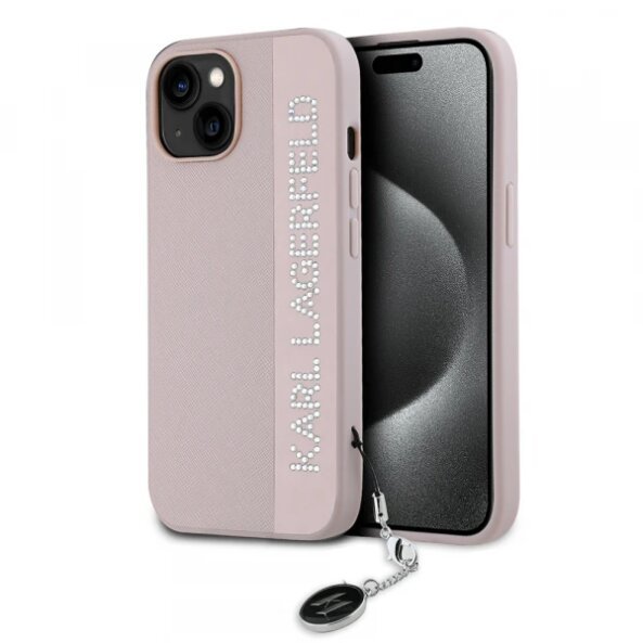 Husa pentru Apple iPhone 15, Karl Lagerfeld, Saffiano Rhinestones &amp; Charm, Roz