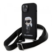 Husa pentru Apple iPhone 15, Karl Lagerfeld, Silicone Crossbody Ikonik Karl, Neagra