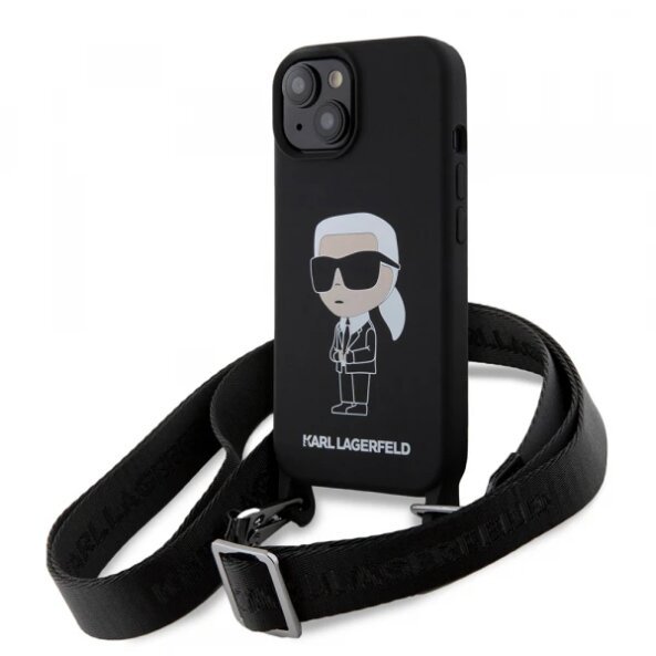 Husa pentru Apple iPhone 15, Karl Lagerfeld, Silicone Crossbody Ikonik Karl, Neagra
