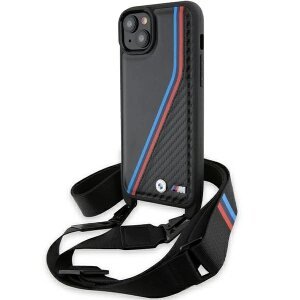 Husa pentru Apple iPhone 15 Plus, BMW, M Edition Carbon Tricolor Lines &amp; Strap, Neagra