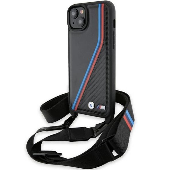 Husa pentru Apple iPhone 15 Plus, BMW, M Edition Carbon Tricolor Lines &amp; Strap, Neagra