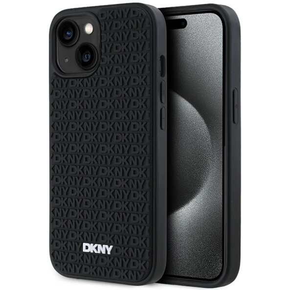 Husa pentru Apple iPhone 15 Plus, DKNY, 3D Rubber Repeat Pattern, Neagra