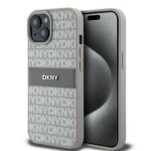 Husa pentru Apple iPhone 15 Plus, DKNY, Mono Stripe &amp; Metal Logo, Bej
