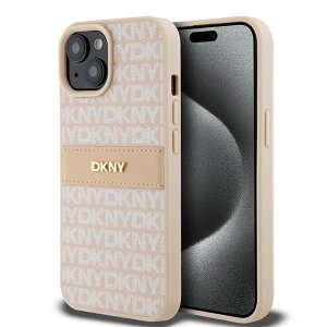 Husa pentru Apple iPhone 15 Plus, DKNY, Mono Stripe &amp; Metal Logo, Roz