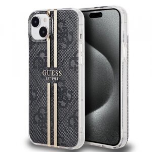 Husa pentru Apple iPhone 15 Plus, Guess, IML 4G Gold Stripe, Neagra