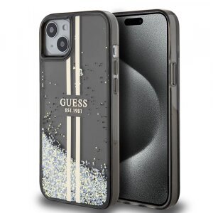 Husa pentru Apple iPhone 15 Plus, Guess, Liquid Glitter Gold Stripes, Neagra