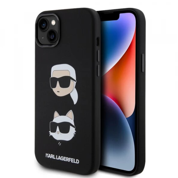 Husa pentru Apple iPhone 15 Plus, Karl Lagerfeld, Silicone Karl &amp; Choupette's Heads, Neagra