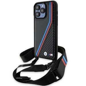 Husa pentru Apple iPhone 15 Pro, BMW, M Edition Carbon Tricolor Lines &amp; Strap, Neagra