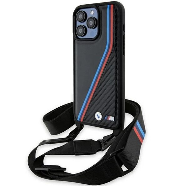 Husa pentru Apple iPhone 15 Pro, BMW, M Edition Carbon Tricolor Lines &amp; Strap, Neagra