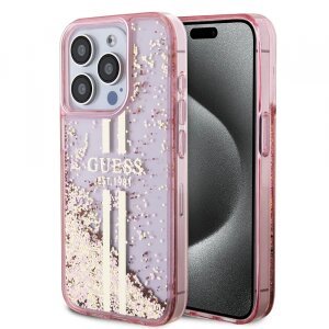 Husa pentru Apple iPhone 15 Pro, Guess, Liquid Glitter Gold Stripes, Roz