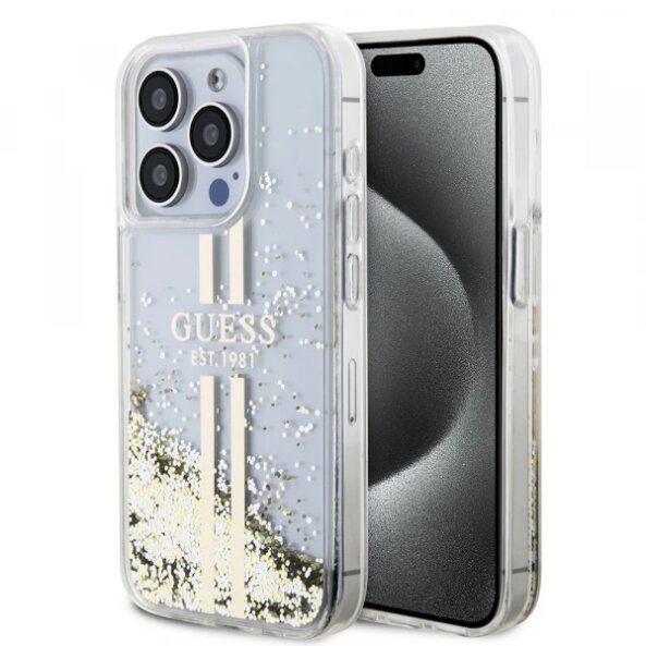 Husa pentru Apple iPhone 15 Pro, Guess, Liquid Glitter Gold Stripes, Transparenta