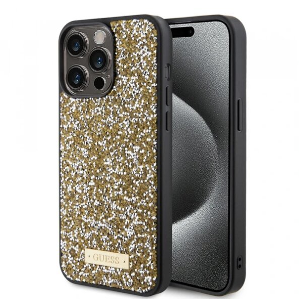 Husa pentru Apple iPhone 15 Pro, Guess, Rhinestone Metal Logo, Galbena
