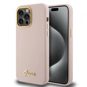Husa pentru Apple iPhone 15 Pro, Guess, Script Metal Logo &amp; Frame, Roz Deschis