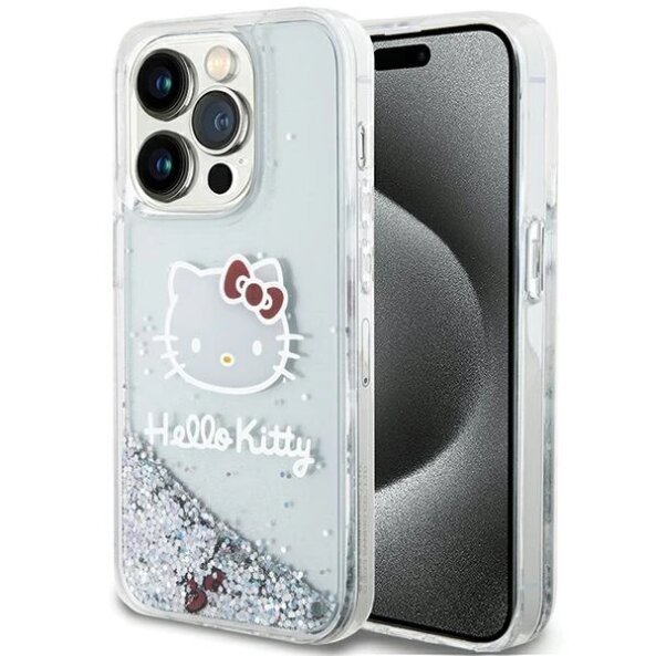 Husa pentru Apple iPhone 15 Pro, Hello Kitty, Liquid Glitter Charms Kitty Head, Argintie
