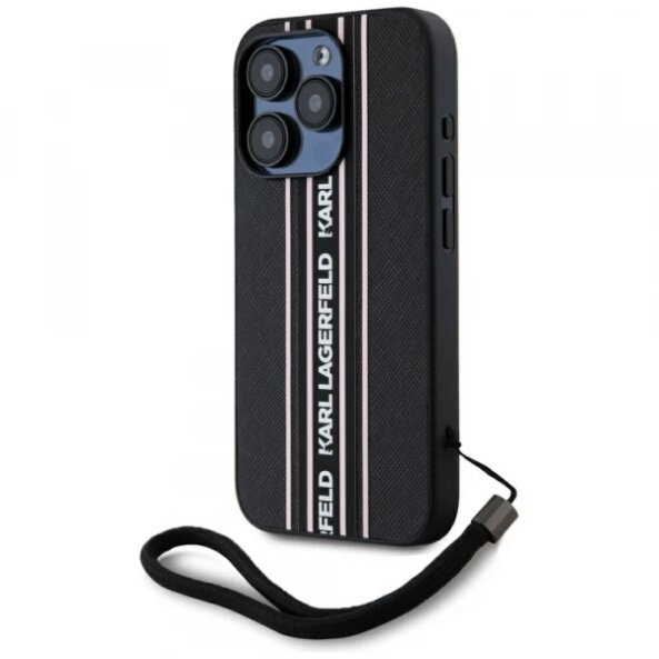 Husa pentru Apple iPhone 15 Pro, Karl Lagerfeld, Saffiano Athleisure Stripes with Strap, Roz