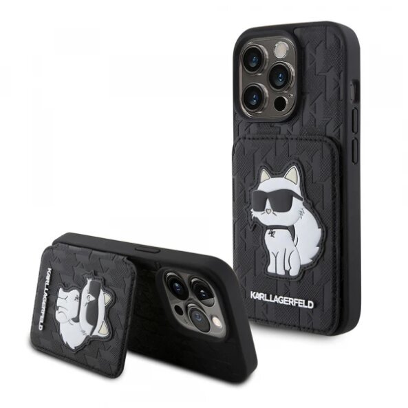 Husa pentru Apple iPhone 15 Pro, Karl Lagerfeld, Saffiano Cardslots and Stand Monogram Choupette, Neagra
