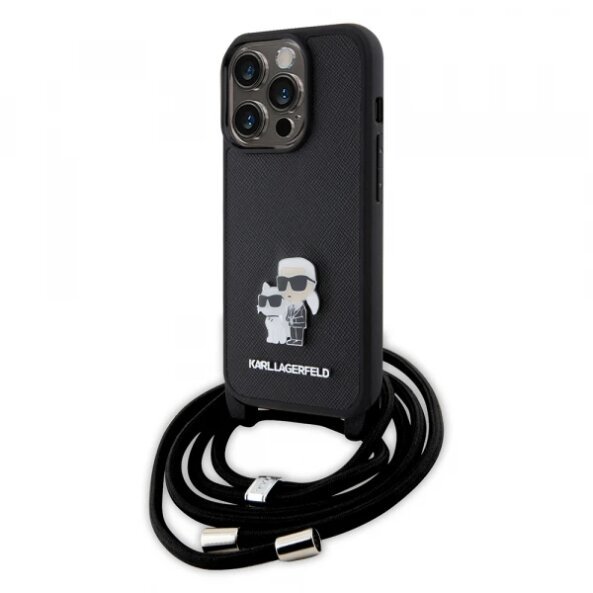 Husa pentru Apple iPhone 15 Pro, Karl Lagerfeld, Saffiano Crossbody Metal Pin Karl &amp; Choupette, Neagra