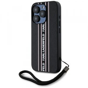 Husa pentru Apple iPhone 15 Pro Max, Karl Lagerfeld, Saffiano Athleisure Stripes with Strap, Roz